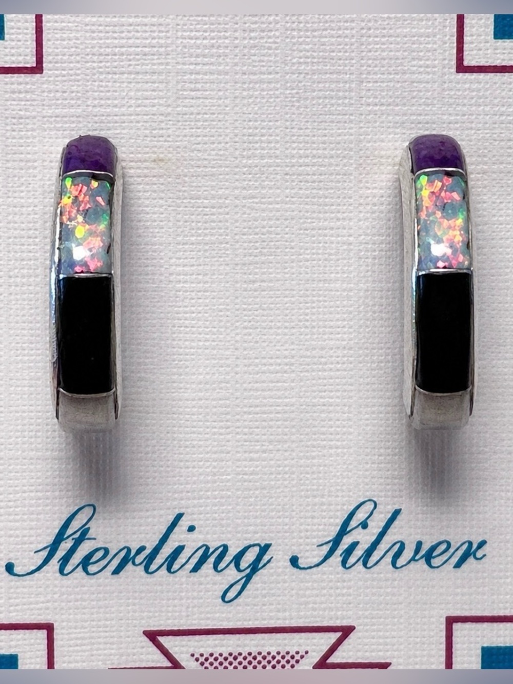 Southwestern Multi Stone Inlay Half Hoop 925 Sterling Silver Earrings